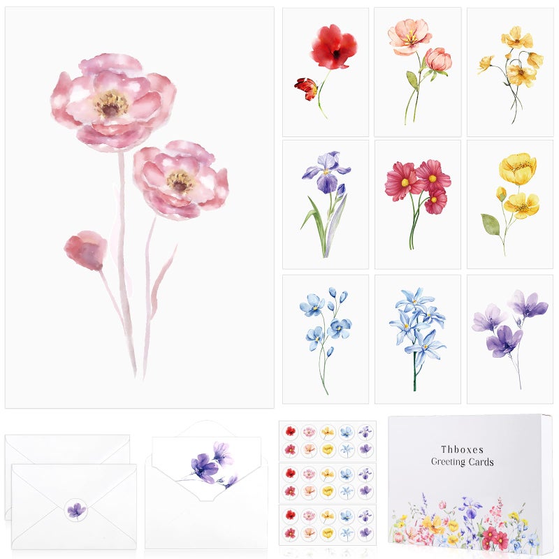 بطاقات وأظرف فارغة، 40 حزمة بطاقات فارغة مقاس 4 × 6 بوصات (10 تصميمات زهور)، بطاقة تهنئة فارغة أنيقة، بطاقات ملاحظات فارغة مع ملصقات مانعة للتسرب لأعياد الميلاد وحفلات الزفاف ومعظم المناسبات الأخرى - Image 1